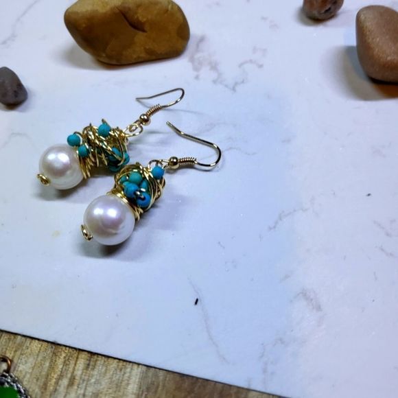 Handmade new earrings natural freshwater pearls and turquoise gold filled - Picture 4 of 6